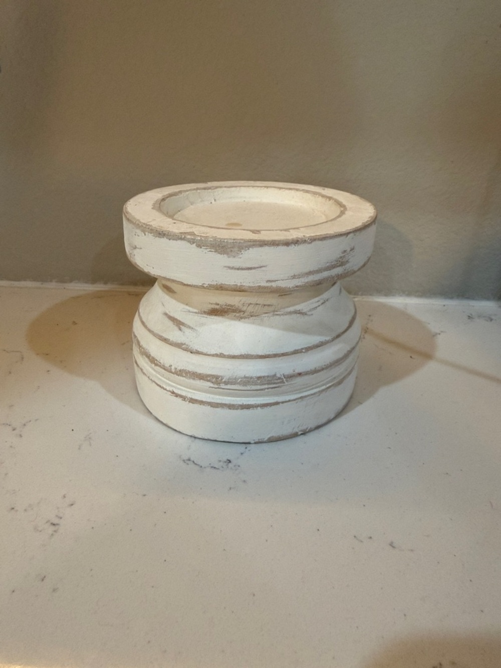 Distressed White Wooden Pedestal Candle Holder